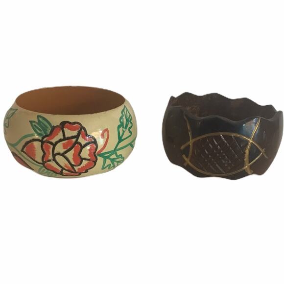 Vintage Painted Wood Bangle Bracelets Cream Brown - Picture 1 of 15